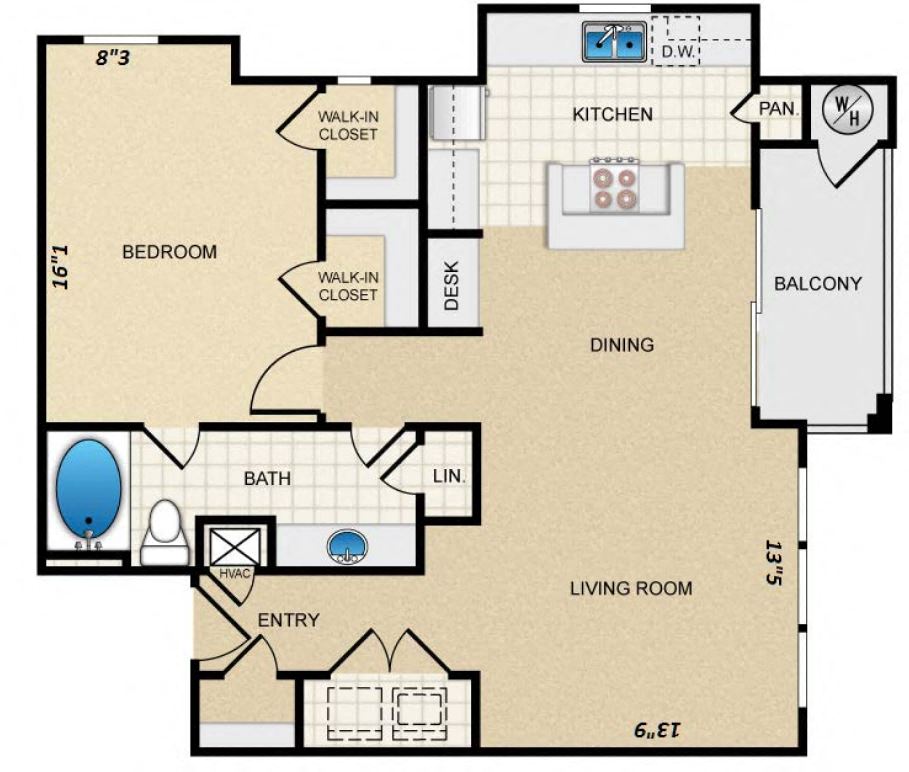 Floor plan for 1 bed, 1 bath, 893 sqft